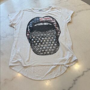 Lauren Moshi White Tee with Graphic Mouth and Stars and Stripes Design